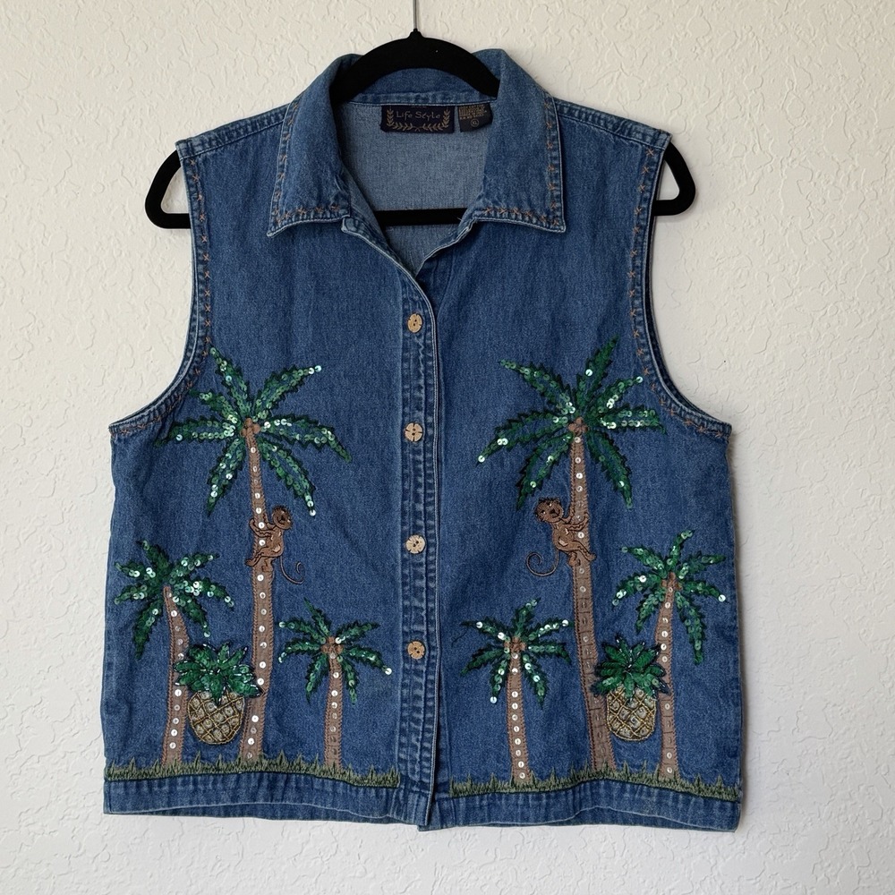 Vtg 90's Novelty Top XL Embroidered Denim Shirt Button Up Teacher Monkeys Funky